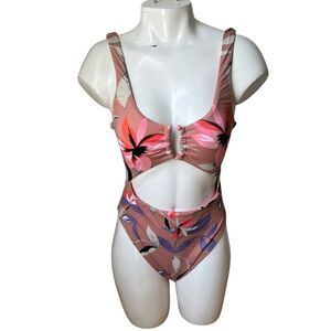 New The Bikini Lab Women's One Piece Swimsuit Medium Pink Brown Cutout Floral